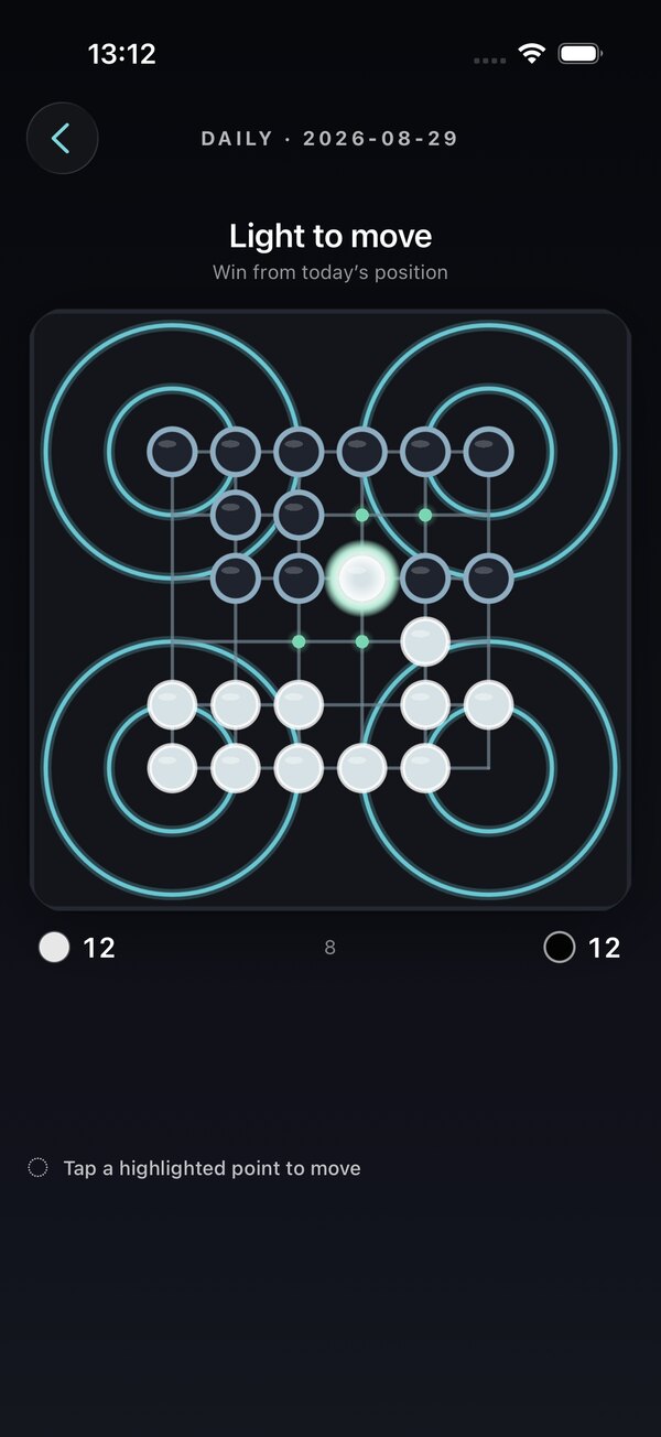 Light and dark stones on a Surakarta board, with legal moves glowing along its loops.